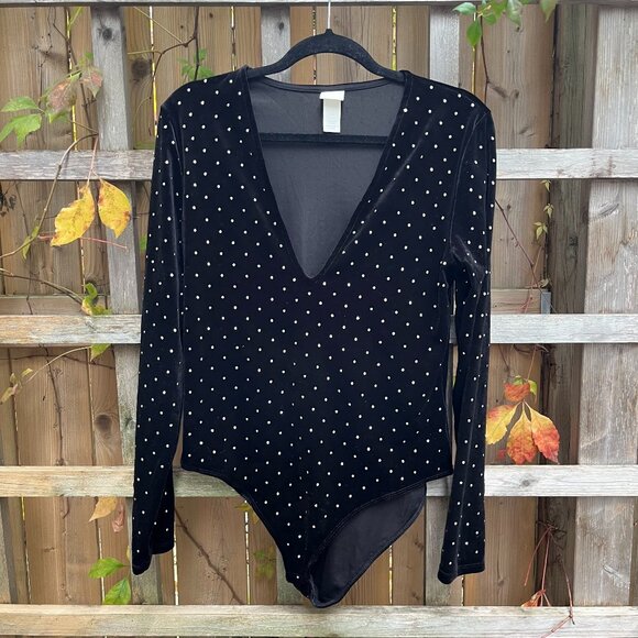 H&M Black Velvet Rhinestone Studded Bodysuit - Picture 2 of 4